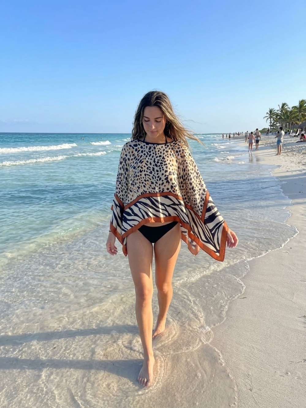 Womens Animal Print Beach Poncho Cover-Up in Tan and Black